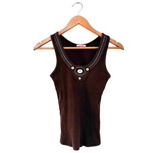 Energie Brown Ribbed Tank Top W/ Beaded Embellishment M